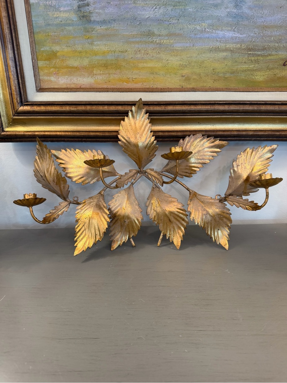 Wall Sconce Candelabra Gold Tone Metal Leaf 4 Candle Holder Botanical Leaves